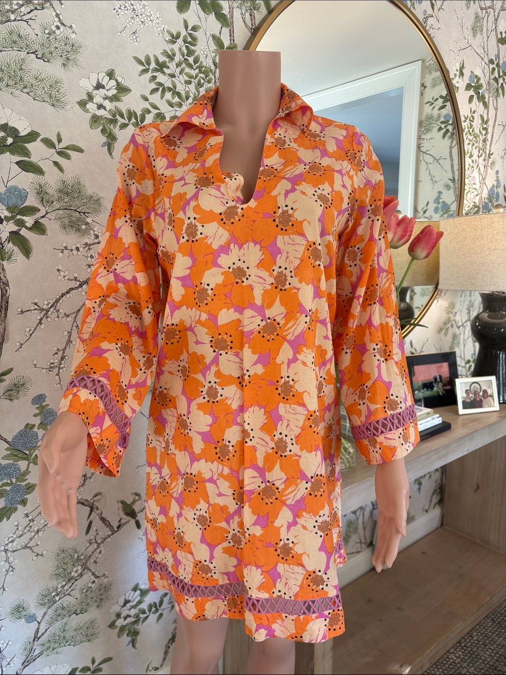 Orange Floral Button-Down Tunic Dress